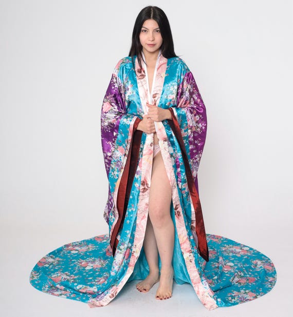 Vintage Floral Kimono Robe Turquoise Purple Long Silk Japanese Robe Train Lounge Wear Blue Long Open Front Boho Small Medium Large