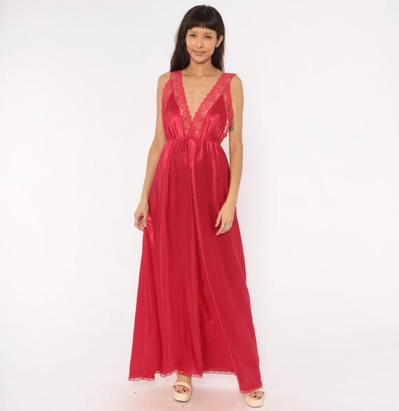 70s Lace Nightgown Robe Set Raspberry Satin Slip Dress Deep V Neck Tie Front Floral Trim Two Piece Lingerie Sleepwear Fuchsia Pink Medium M