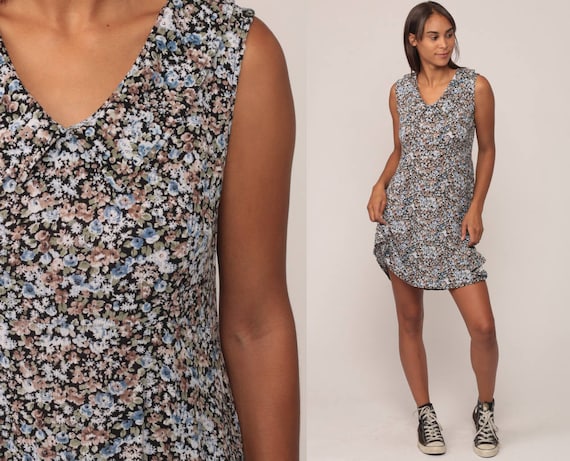 Floral Mini Dress 90s Sundress Grunge Boho Sun 1990s Bohemian Shift Vintage Sleeveless Hippie Blue Medium Large