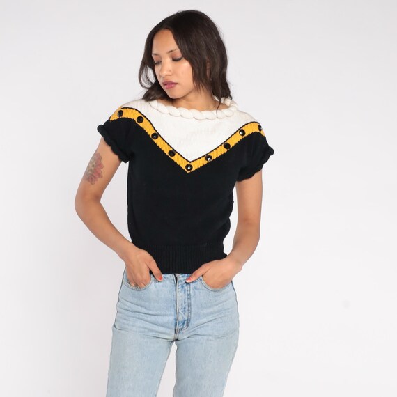 Chevron Knit Top 80s Lorna Adams Twisted Rope Collar Black Gold White Colorblock Button Short Sleeve Crop Sweater Sailor Nautical Small S