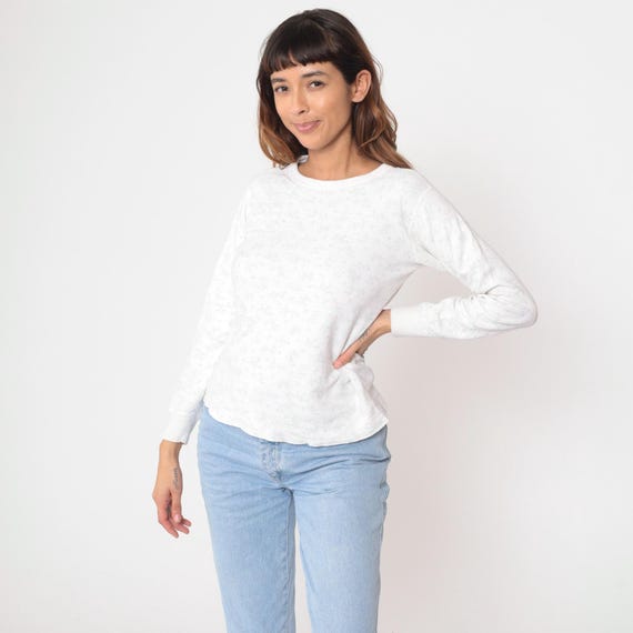 Floral Thermal Shirt 80s Long Sleeve Shirt White Duofold Undershirt Cotton Wool TShirt Flower Rose Print Top Vintage 1980s  Large