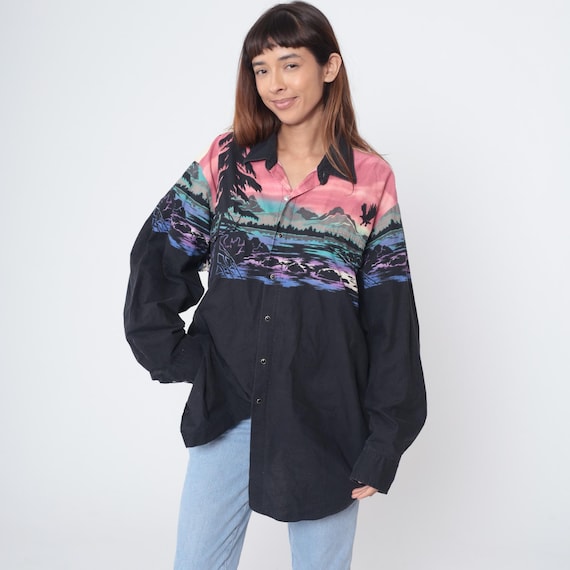 90s Roper Border Western Shirt Landscape Print Sunset Scene Long Sleeve Button Down Cotton Top Oversized Fit Cowboy Rodeo Style XX Large XXL