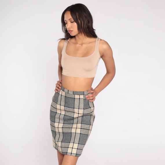 70s Plaid Skirt Gray Cream Black Tartan Mini High Waist Dark Academia Preppy College Winter Office Professional Tailored Extra Small XS