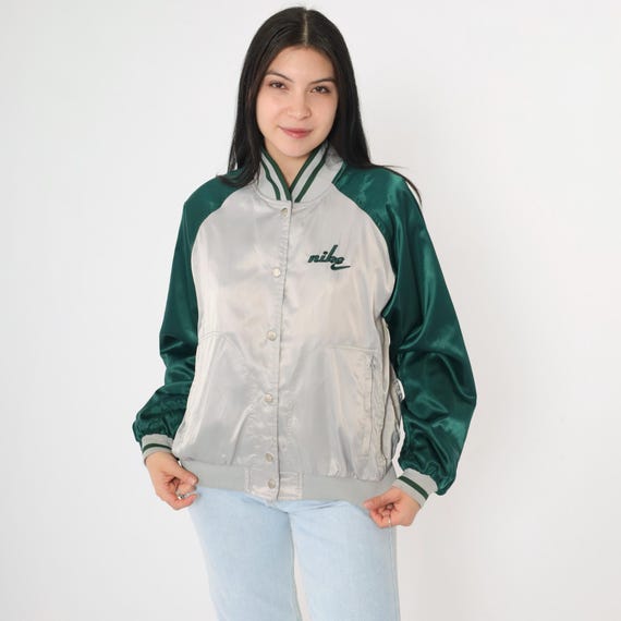Vintage Nike Bomber Jacket Y2K Silver Satin Baseball Green Raglan Sleeve Sports Varsity Snap Up Streetwear 00s Retro Women's Small 4-6