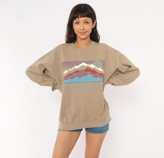 90s Distressed Colorado Mountain Sweatshirt Tan Pullover Nature Landscape Sand Beige Taupe Hiking Trail Outdoor Unisex Vintage Large L