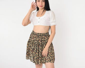 Vintage Blumen Mini Rock 90er Tiered Mini Rock Boho Schwarz Olivgrün 1990er Jahre Hippie Festival Hoch elastisch Taille Small S