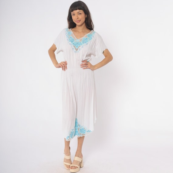 Bohemian Dress Bali Cut Out Dress 80s Boho Mesh Midi Embroidered Floral Cutout Hippie Cutwork High Waist Vintage Summer White Medium Large