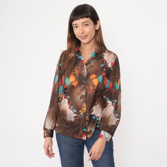 70s Sheer Button Up Shirt Jungle Leaf Print Blouse Tropical Floral Graphic Boho 1970s Long Sleeve Top Vintage Retro Bohemian Extra Large xl