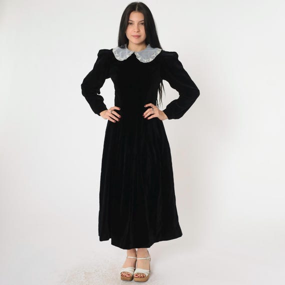 Vintage Velvet Laura Ashley Dress 80s Lace Peter Pan Collar Black White Party Dress Puff Sleeve Midi High Waist Retro 1980s Extra Small xs 6