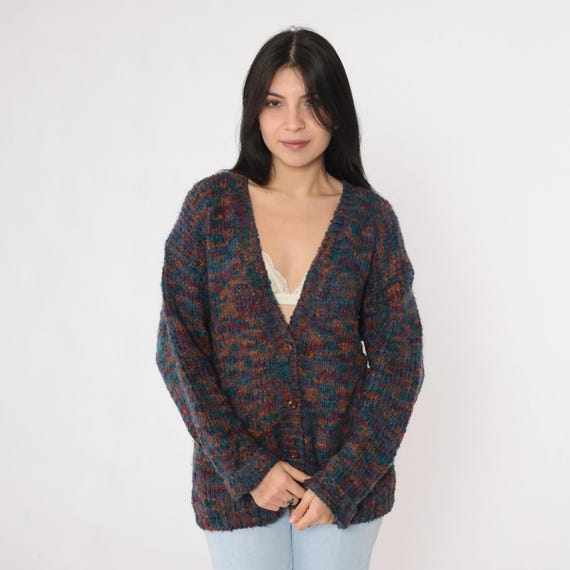 90s Marled Cardigan Vintage Deep V Neck Sweater Orange Blue Button up Acrylic Wool Knit Flecked Retro Grunge Fall 1990s Oversized Small S