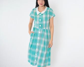 Vintage 60s Plaid Dress Blue Green Button Up Day Dress 1960s Checkered Shirtdress Midi Short Sleeve Pleated Skirt High Waist Small S