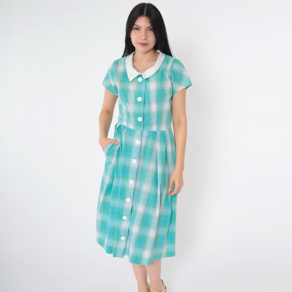 Vintage 60s Plaid Dress Blue Green Button Up Day Dress 1960s Checkered Shirtdress Midi Short Sleeve Pleated Skirt High Waist Small S