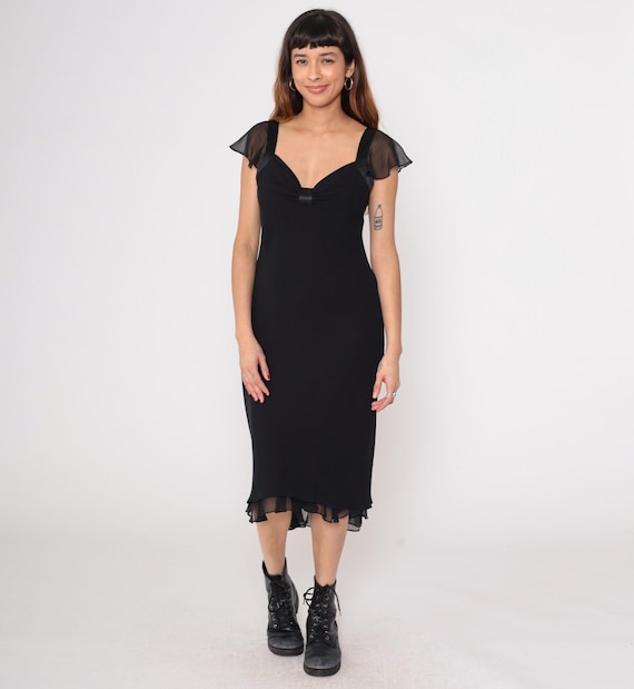 Flutter Sleeve Dress 90s Black Chiffon Ruffle V Neck Midi Hem Vintage Cocktail Party Evening Formal Elegant Gothic Sheer Feminine Medium M 8