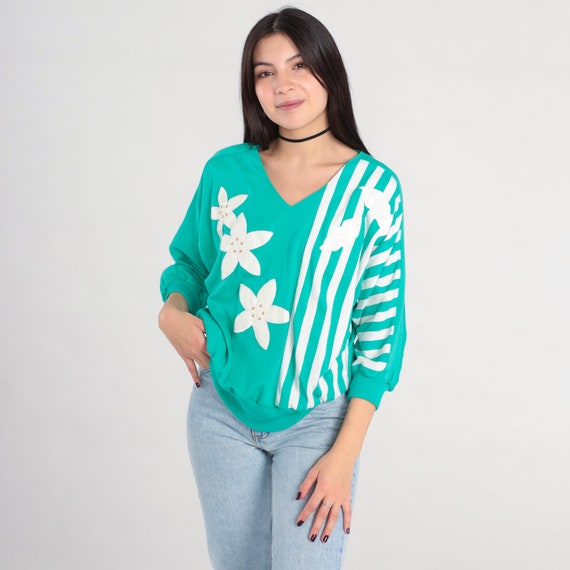 80s Floral Shirt Green 3/4 Sleeve Studded Beaded Striped Top Slouchy Retro 1980s Top Vintage Striped V Neck White Medium