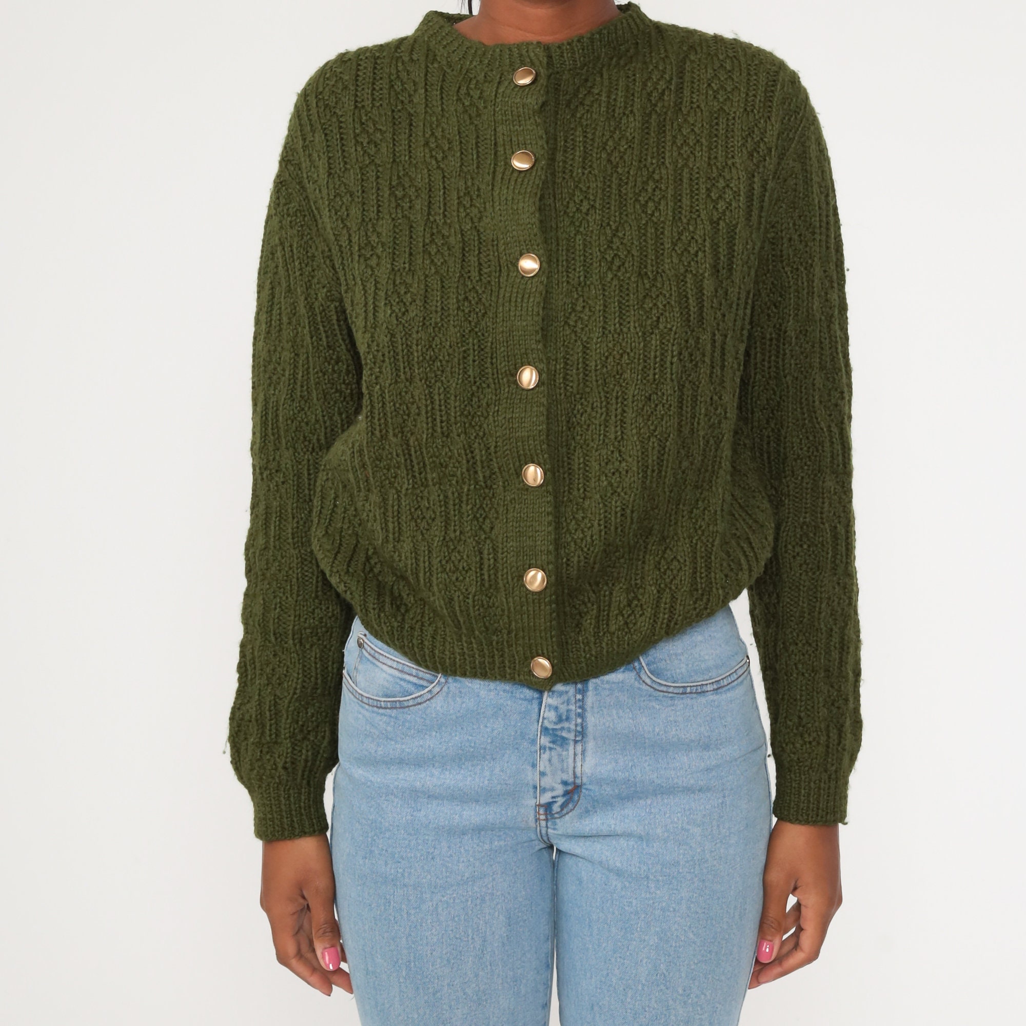 Olive Green Sweater Grandpa Cardigan Boho Sweater Plain Button Up 80s ...