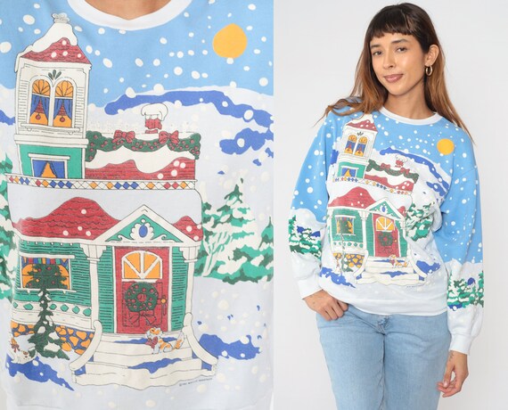 Winter Snow Sweatshirt 90s Blue Scenery Sweater Snowy House Cat Graphic Shirt Retro Ski Novelty Print Crewneck Holiday Vintage 1990s Small S