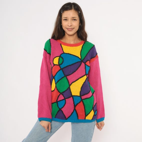 Stained Glass Sweater 80s Abstract Knit Pullover Colorful Pink Blue Green Yellow Purple Red Art Pattern Rainbow Jumper Vintage Medium M
