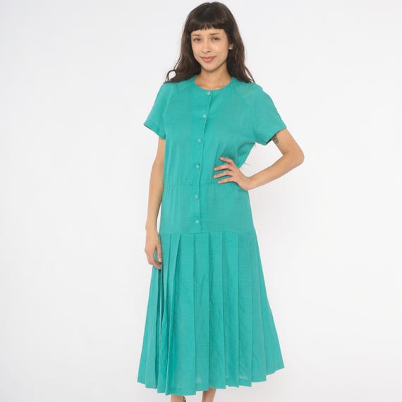 80s Teal Dress Pleated Skirt Drop Waist Midi Raglan Short Sleeve Crew Neck Aqua Turquoise Summer Prairie Cottagecore Nerdy Vintage Large L
