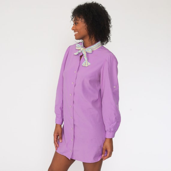 Purple Ascot Dress 70s Puff Sleeve Mini Button Up… - image 7