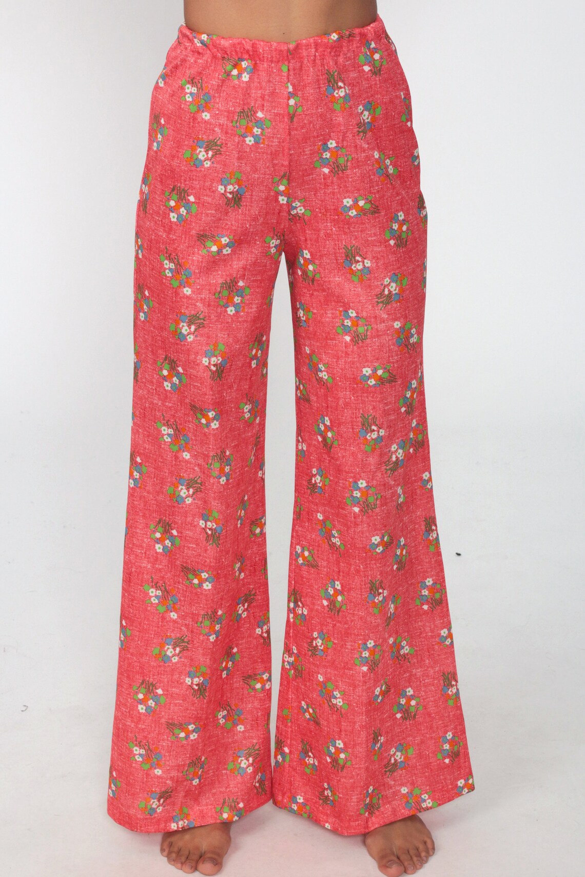 Floral Bell Bottom Pants Red Polyester Pants Bohemian 70s | Etsy