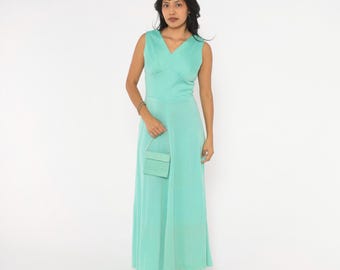 70s Mint Green Maxi Dress Sleeveless V Neck Fit Flare A Line Seafoam Aqua Evening Gown Full Skirt Empire Waist Disco Prom Vintage Small S