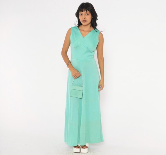 70s Mint Green Maxi Dress Sleeveless V Neck Fit Flare A Line Seafoam Aqua Evening Gown Full Skirt Empire Waist Disco Prom Vintage Small S