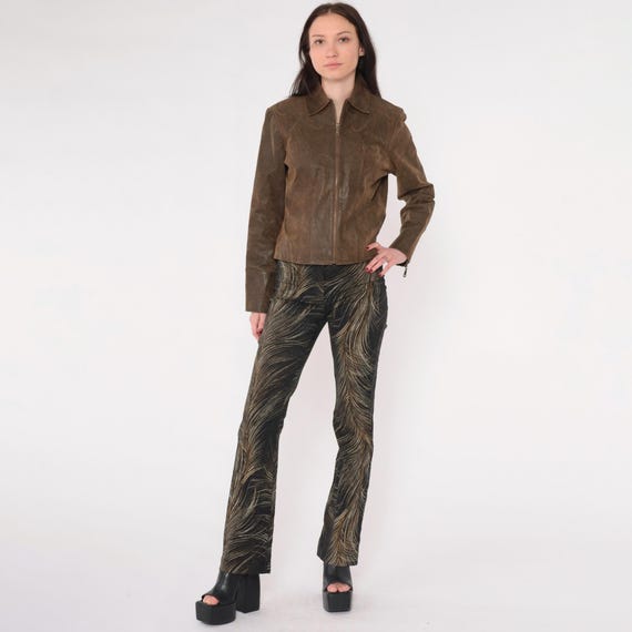 Vintage Y2K Flared Pants Brown Feather Print High Waist Mid Rise Waist 90s Brown Clubwear Going Out Skinny Extra Small xs