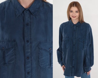 Blue Silk Shirt 90s Oxford Button Up Shirt Long Sleeve Collared Shirt Chest Pocket Plain Retro Casual Boyfriend Vintage 1990s Men's Large L