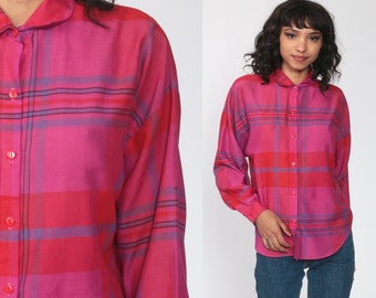 Pink Plaid Blouse 80s Button Up Shirt Checkered Print Long Sleeve Shirt Bright Vibrant Shirt 1980s Top Vintage Hipster Cotton Medium