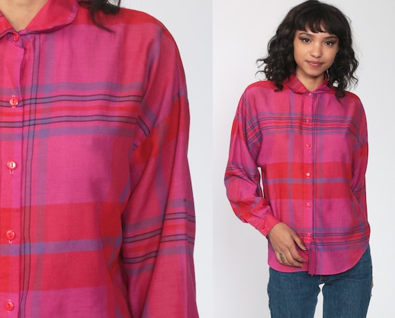Pink Plaid Blouse 80s Button Up Shirt Checkered Print Long Sleeve Shirt Bright Vibrant Shirt 1980s Top Vintage Hipster Cotton Medium