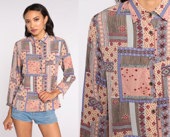 Y2K Patchwork Blouse Geometric Shirt Peach Pink Button Up Shirt Long Sleeve Bohemian Blouse 00s Paisley Medium
