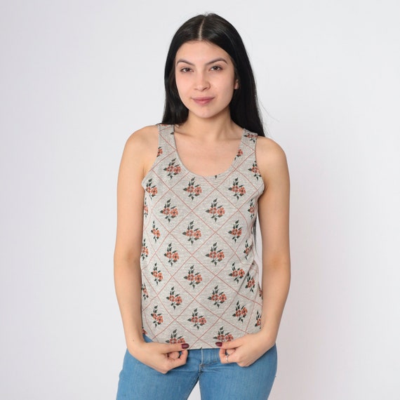70s Floral Tank Top Hippie Blouse Orange Shirt Boho Shirt Sleeveless Scoop Neck Blouse Beige Vintage Mod Bohemian 1970s Extra Small xs