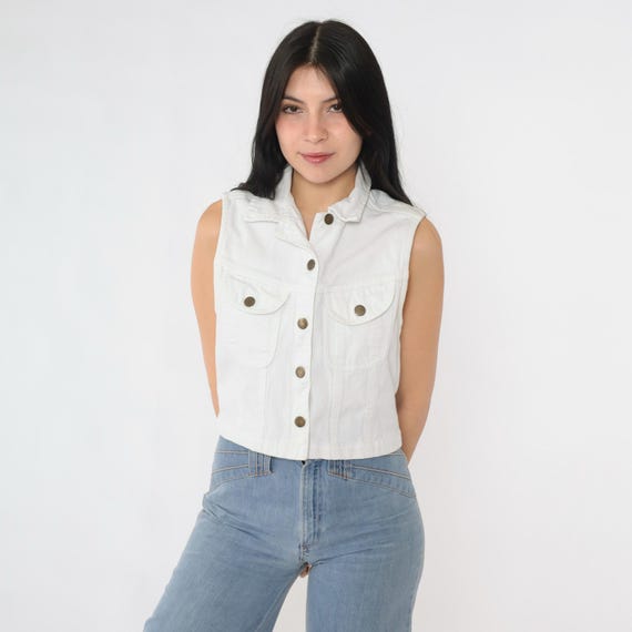 Vintage White Corduroy Vest 90s Sleeveless Button Up Cropped Utility Pocket Shirt 1990s Minimalist Western Look Shirt Small S