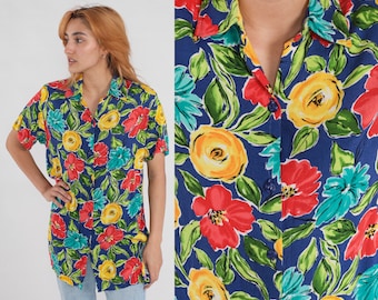 Rayon Floral Blouse 90s Short Sleeve Shirt Button Up Top Red Yellow Blue Flower Print Bohemian Vintage Short Sleeve Oversized Small S