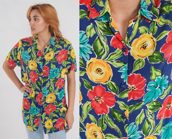 Rayon Floral Blouse 90s Short Sleeve Shirt Button Up Top Red Yellow Blue Flower Print Bohemian Vintage Short Sleeve Oversized Small S