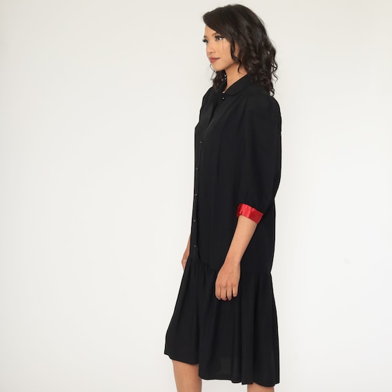 Black Mini Dress Drop Waist Button Up Dress 80s M… - image 3