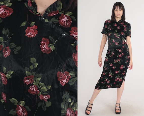 Vintage Cheongsam Dress 90s Black Floral Midi Dress Mandarin Collar Frog Button High Side Slit Asian Sheath Short Sleeve 1990s Large L 12