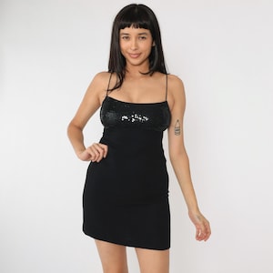 Vintage Black Sequin Mini Dress 90s Party lbd Bodycon Cocktail Spaghetti Strap Sleeveless 1990s Sheath Empire Waist Extra Small xs Petite