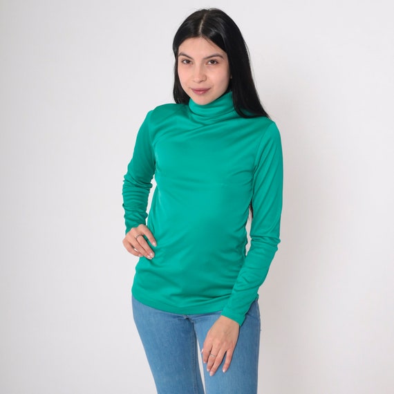 Green Turtleneck Shirt 70s Long Sleeve Top Basic Funnel Neck Simple Plain Blouse Mod Retro Solid Layering Single Stitch Vintage 1970s Small