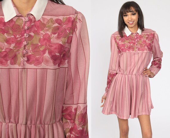 Pink Floral Dress 80s Mini Puff Sleeve COLLAR 1980