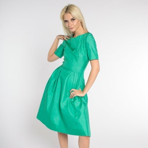 60s Party Dress Green Knee Length Dress Retro Mod High Waisted A Line Full Skirt Cocktail Prom Short Sleeve Vintage 1960s Extra Small xs