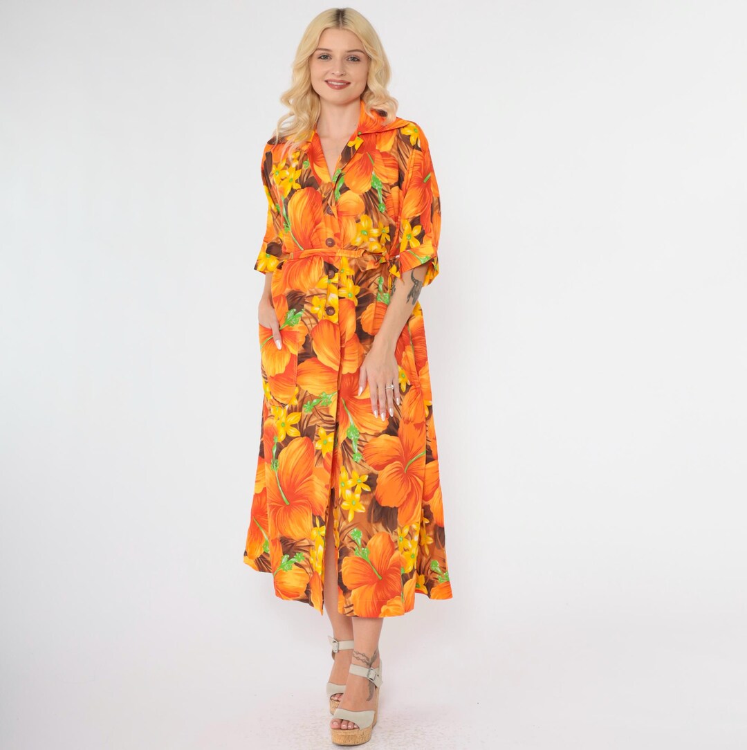 Vintage 70s Blue Floral T Y Hawaiian Sleeveless Dress - 3XL