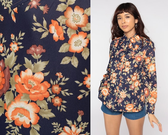 70s Floral Shirt Navy Blue Boho Shirt Dagger Collar Disco Shirt Button Up Bohemian Blouse 1970s Hippie Vintage Long Sleeve Medium
