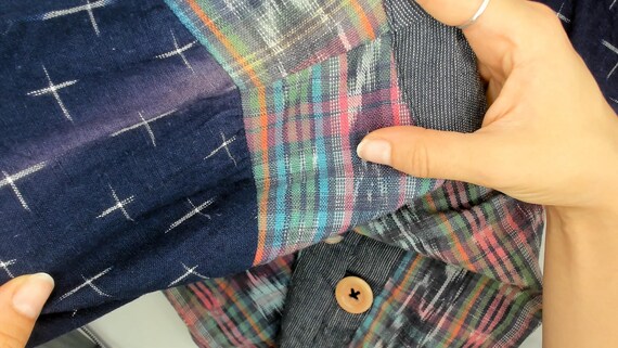 Patchwork Button Up 90s Ikat Print Navy Chambray … - image 11