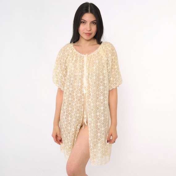 Vintage Yellow Lace Robe 70s Lingerie Jacket Open Front Mini Pegnoir Pastel Nylon Romantic Boudoir 1970s Large L