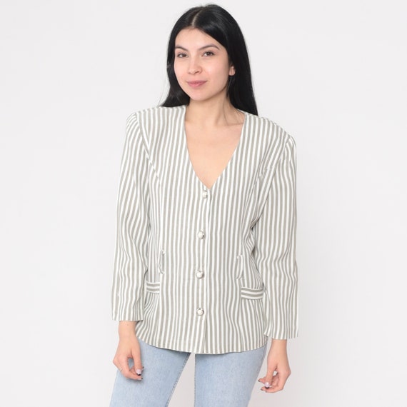 Striped Blouse 90s Puff Sleeve Top Pearl Button up Shirt Belt Loop Retro Secretary Boho Pinstripe Print Preppy V-Neck Vintage 1990s Small S