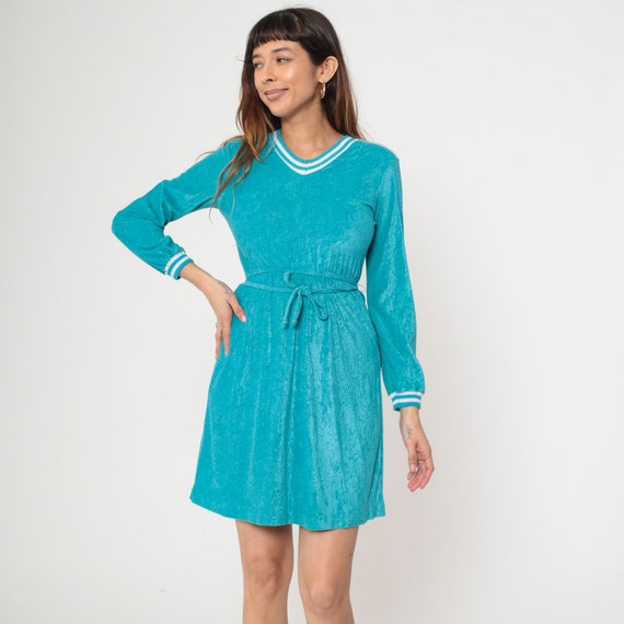 70s Turquoise Terry Cloth Dress V Neck Mini Striped Ringer Dress Long Sleeve High Elastic Waist 1970s Vintage Belted Extra Small xs Junior's