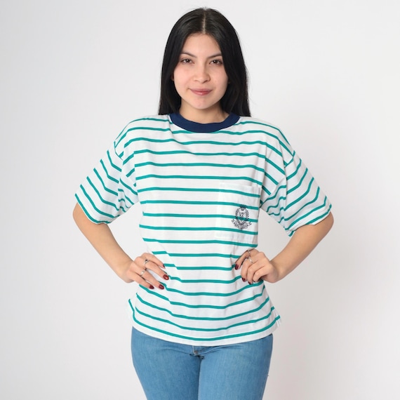 90s Striped T Shirt Royal Academy Crest Pocket T Shirt Green White Ringer Tee Retro Tee Vintage 1990s Short Sleeve Crewneck Medium