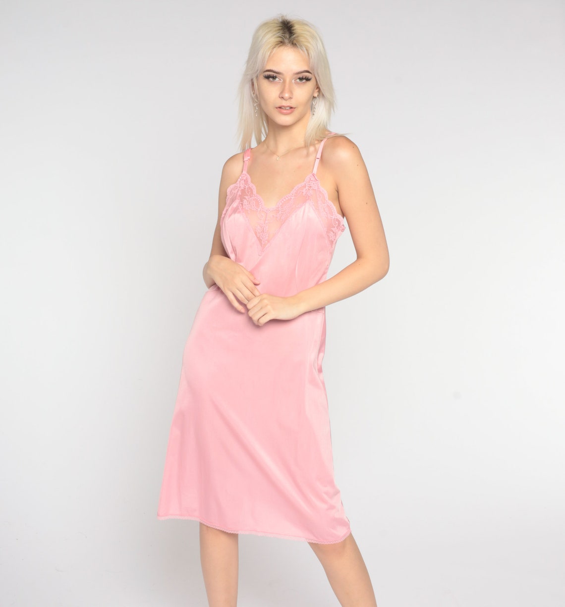 Pink Slip Dress 70s Midi Lingerie Nightgown Dress Nylon - Etsy