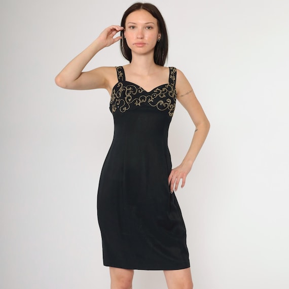 Vintage Black Rhinestone Dress 90s Gold Soutache Empire Waist Mini Sweetheart Neckline Party Formal Cocktail Sheath Sleeveless 1990s Small